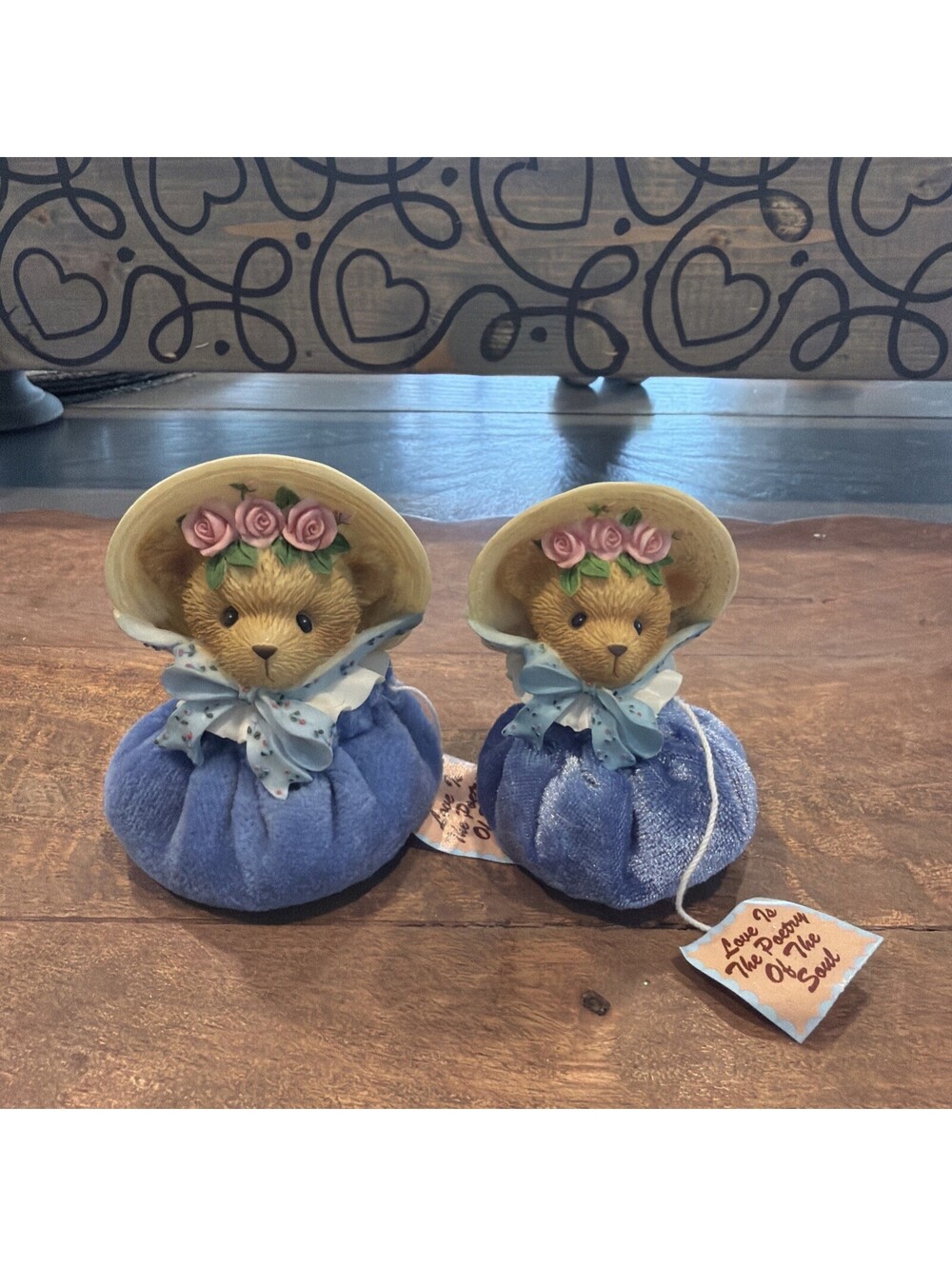 Set of 2 Enesco 2001 Priscilla Hillman Cherished Teddies Bean Bag Bears w/Bonnet